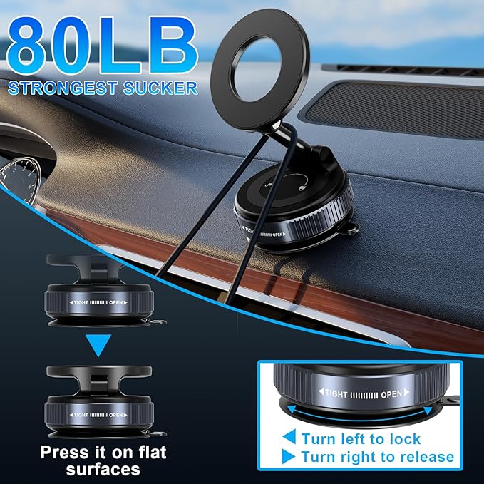 Vacuum Magnetic Phone Holders for Your Car, 360° Adjustable Car Phone Holder for Magsafe with Powerful Magnet, Folding Car Mount for iPhone 17 Pro Max 16 15 14 13 12 Air Plus & Android