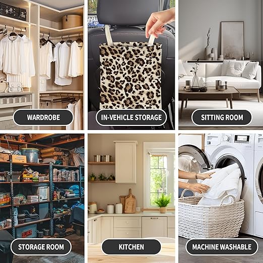 Cute Car Trash Can, Hanging Canvas Car Back Seat Organizer and Storage Bag, Funny Car Trash Bag For Travelling, Outdoor Classic Leopard Print