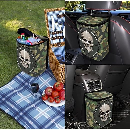 1.2 Gallons Mini Car Trash Can, Camouflage Skull Automotive Garbage Cans, Adjustable Hanging for Tail of Console/Back of Seats, Odor-Free with Zipper Leak-Proof Lid Design, Easy to Clean
