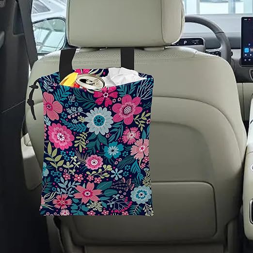 Car Trash Bag Hanging Tropical Flower Trash Can Waterproof Garbage Bag Hanging for Car Back Seat with Adjustable Straps and Drawstring for Car Accessories Vehicle Travelling