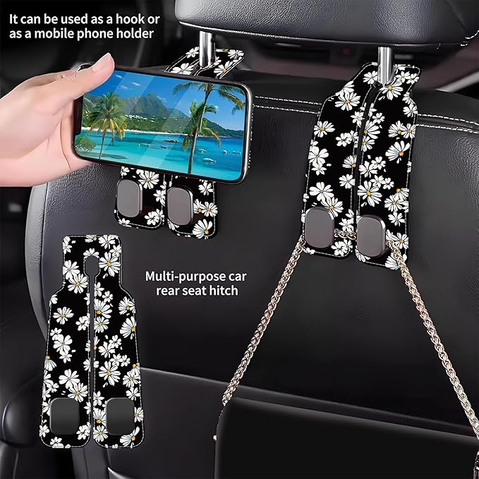 1 Pack Car Seat Headrest Hooks for Purses and Bags Watercolor Daisy Floral Bag Purse Holder for Car with Double Metal Hooks Car Purse Hanger Hanging Accessories