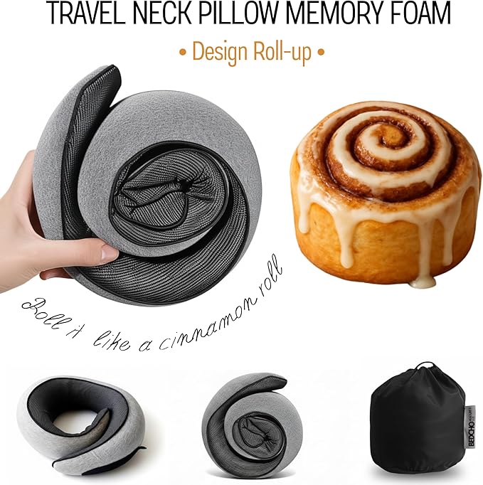 Travel Pillow for Airplane,Ergonomic Neck Support Memory Foam Scarf Pillows, Design Like a Cinnamon Roll, Soft & Comfy for Travel, Car, Train & Office, Adults & Kids, Includes 3D Eye Mask & Pill Case