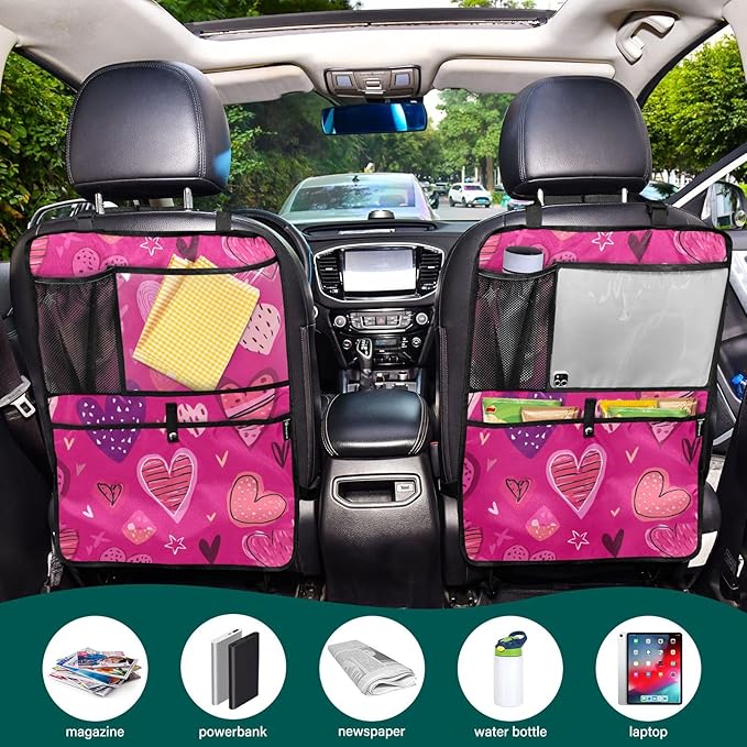 1 Pack Back Seat Car Organizer with Storage Pockets Kick Mats Back Seat Protector Hanging Car Organizer Automotive Seat Back Cover Organizers Hot Pink Doodle Hearts Stars