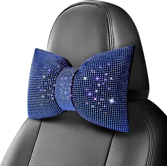 surpassme 2PCS Rhinestone Car Headrest Neck Pillow for Driving with Bling Bling Crystal Bow Pillow Car Accessories for Women (Blue)