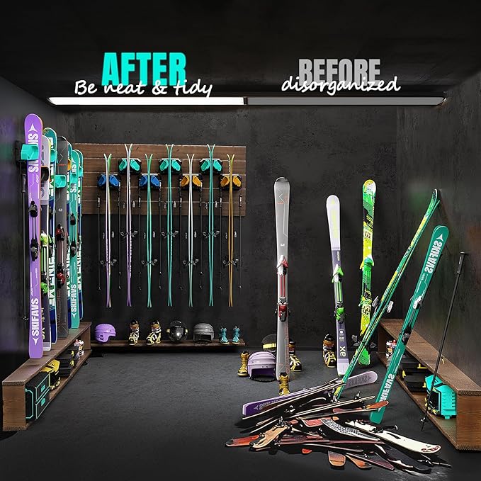 Ski & Snowboard Wall Rack for Garage Wall Fits Any Ski/board, Ski Wall Mount Holders Damage-Free Storage Rack, Garage Organization Space-Saving Winter Gear Organizer, Green, 4 Pack