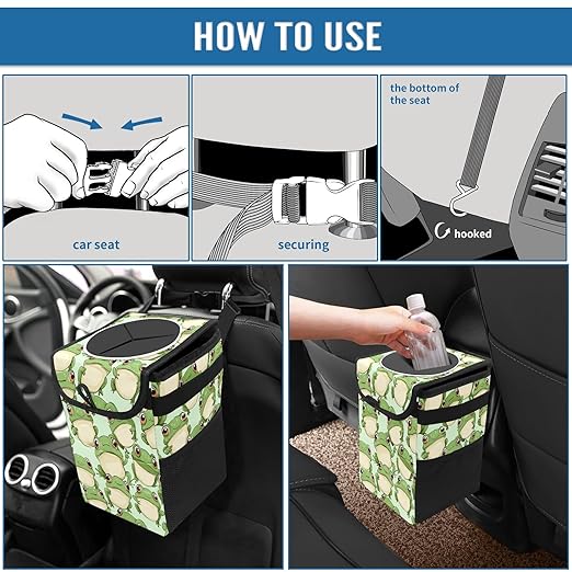 Car Trash Can with Lid & Multiple Pockets,Foldable Vehicle Garbage Bin Waterproof & Leak Proof Automotive Garbage Cans Car Accessories for Women Men Road Trip Essentials Frogs