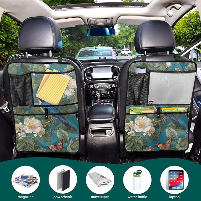 1 Pack Back Seat Car Organizer with Storage Pockets Kick Mats Back Seat Protector Hanging Car Organizer Automotive Seat Back Cover Organizers Vintage Blue Bird Flowers Butterflies