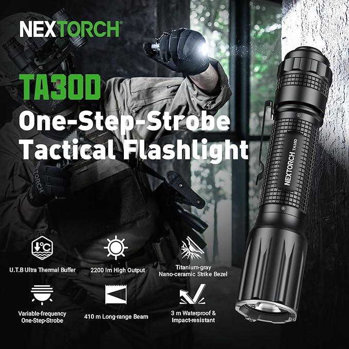 NEXTORCH TA30D Tactical Flashlight 2200 Lumens, Waterproof Hight Lumens Bright Powerful Pocket EDC Rechargeable Flashlight with 5 Modes & Strobe & Ring for Tactical Emergency Outdoor Night Search