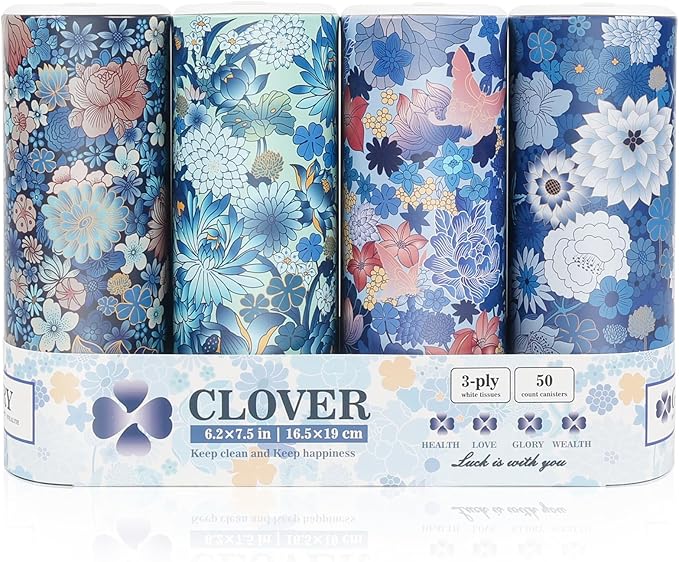 CLOVER Facial Tissues with Cap - 4 PK Car Tissues Cylinder,Car Tissue Holder with 200 Sheet 3-ply Facial Tissues,Round Tissue Boxes for car,Travel Tissues for Car Cup Holder