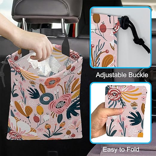 Car Trash Bag Creative Floral Car Garbage Bag Hanging Car Trash Can for Back Seat with Drawstring, Waterproof Garbage Bags for Car Accessories Vehicle Travelling Camping Outdoor