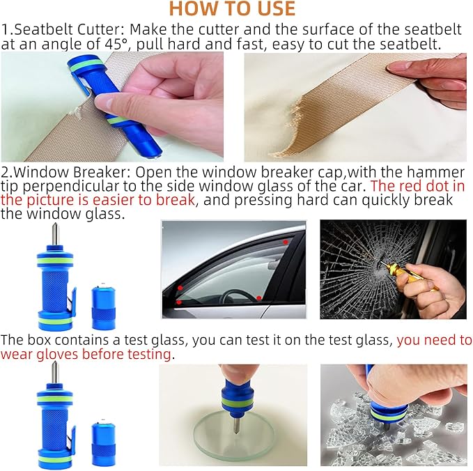 Allelic Car Window Breaker Tool, Window Breaker Seatbelt Cutter, Window Breaker, Glass Breaker, Spring Loaded Window Breaker for Land & Underwater (Blue)