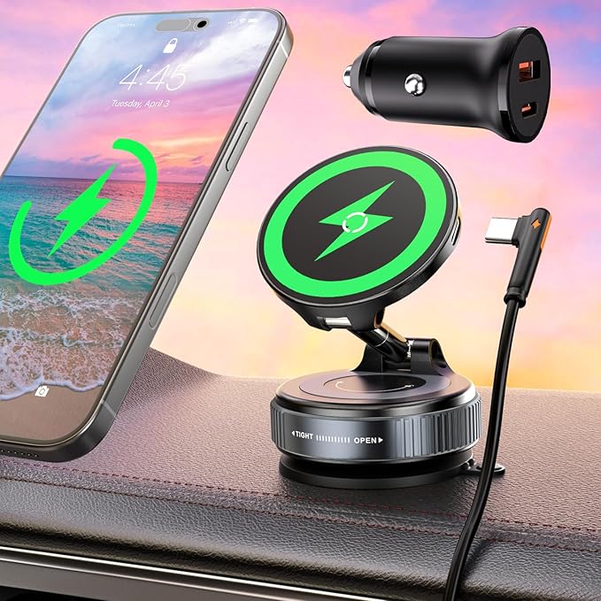 15W for MagSafe Car Mount Charger, Magnetic Wireless Car Phone Holder for iPhone 17 16 15 14 13 12 Pro Max, 360° Adjustable iPhone Charger for Car with USB C Car Charger Adapter