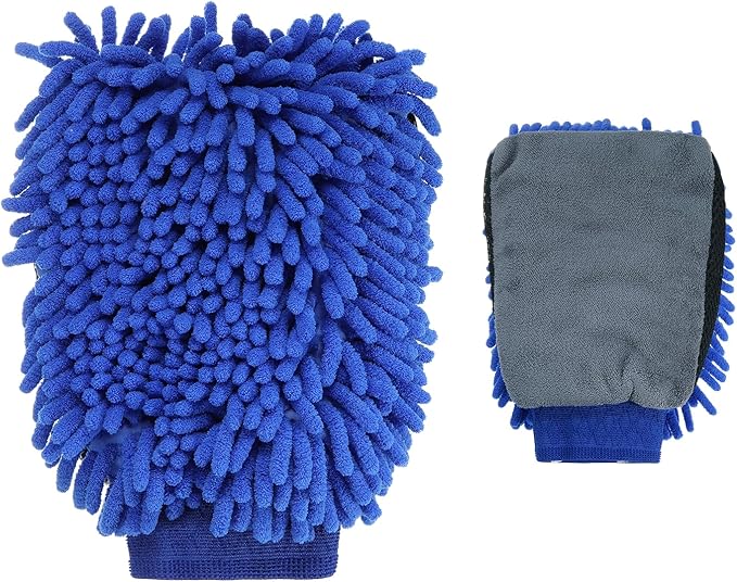 HARFINGTON Chenille Microfiber Car Wash Mitts 9.8" x 7.9" Scratch Free Wash Gloves Absorbent Double Sided Plush Cleaning Drying Mitts for Car Washing Home Clean, Blue