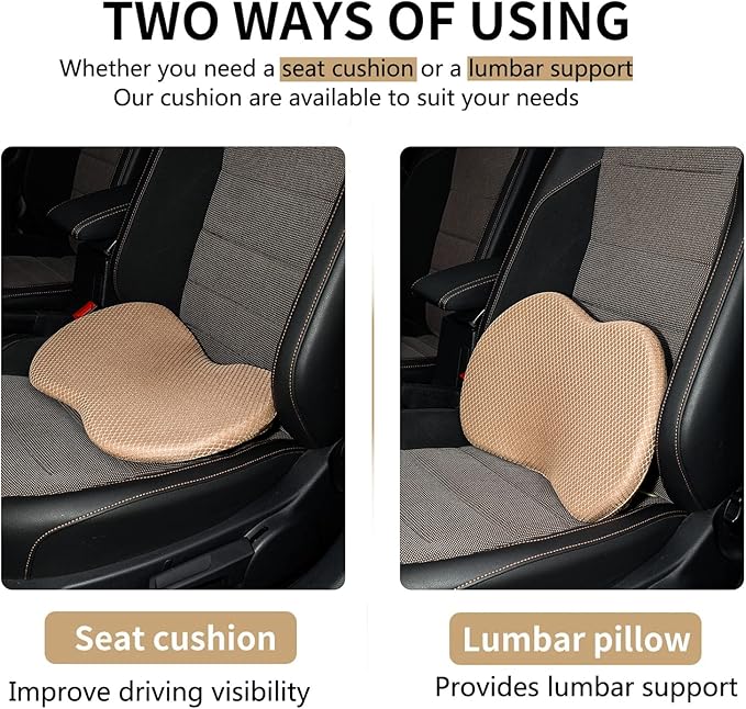 Car Seat Cushion - Memory Foam Car Seat Pad - Sciatica & Lower Back Pain Relief - Car Seat Cushions for Driving - Road Trip Essentials for Drivers(Beige)