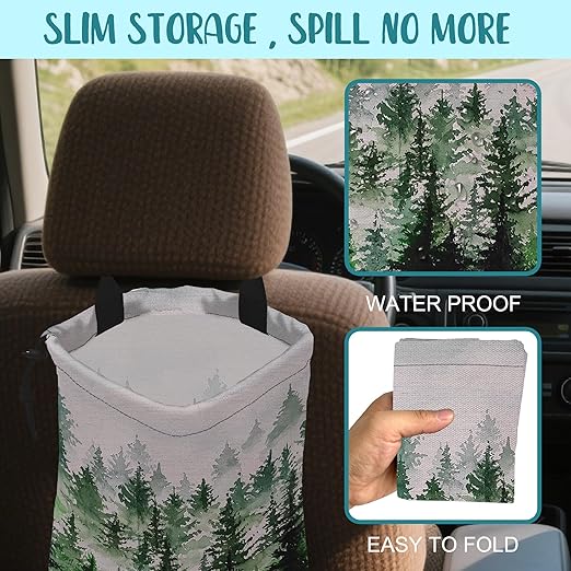 Car Trash Bag Foggy Forest Hanging Drawstring Car Organizer and Storage Bag with Adjustable Buckle Canvas Garbage Bin for Back Seat or Hanging Headrest Car Decor Road Trip Essentials