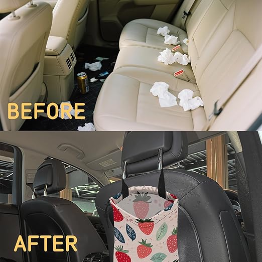 Cartoon Strawberry Car Garbage Bag, Small Car Trash Bag Hanging,Drawstring Car Garbage Bag with Adjustable Buckle for Car Back Seat,SUVs,Camping,Road Trips