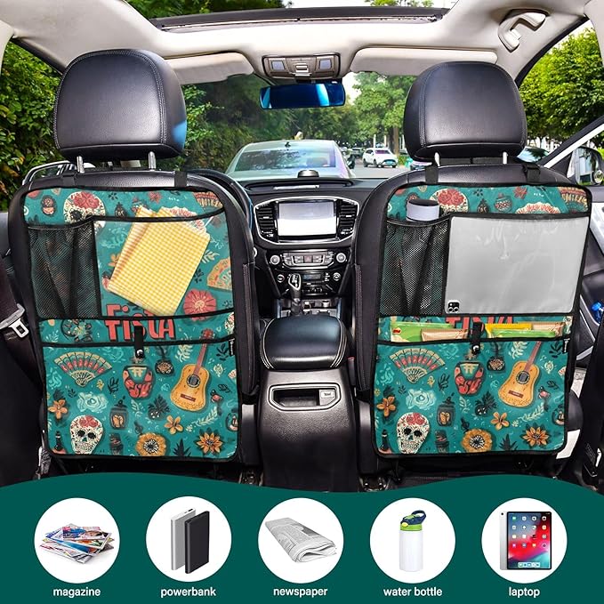 1 Pack Back Seat Car Organizer with Storage Pockets Kick Mats Back Seat Protector Hanging Car Organizer Automotive Seat Back Cover Organizers Fiesta Mexican Green Skulls Guitars Flowers