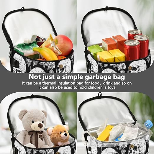 MNSRUU Car Trash Can with Lid, Gothic Skulls and Flowers Car Trash Bag Hanging Organizers and Storage for Front Back Seat, Leak-Proof Trash Bin