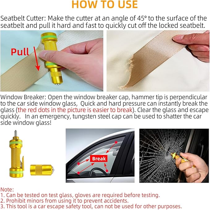 2-in-1 Window Breaker Seatbelt Cutter, Car Window Breaker Tool, Metal Glass Breaker - Extended Tungsten Steel Hammer Tip, Can Shatter Tempered & Laminated Glass (Gold,1 PCS)