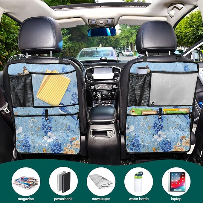 Light Blue Floral Bluebonnet Butterflies 1 Pack Backseat Car Organizer with Storage Pockets Seat Back Organizers for Kids Kick Mats Backseat Protector Automotive