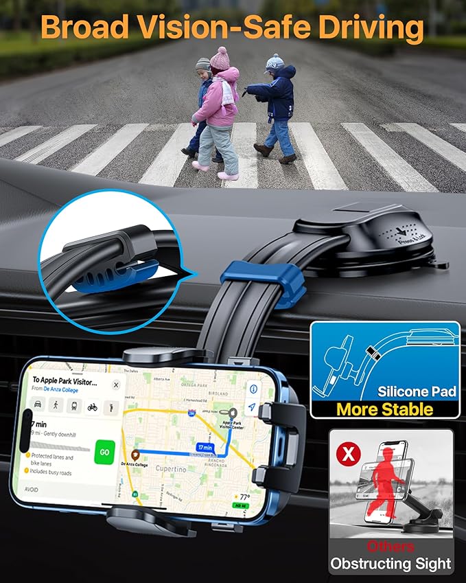 HTU【Upgraded Strongest Suction Car Phone Holder【Bendable Arm, Never Block View】 Rotatable Cellphone Mount for Dashboard Windshield Vent,Cradle Stand for iPhone 17 16 15 14 13 12 Pro Max, Light Gray