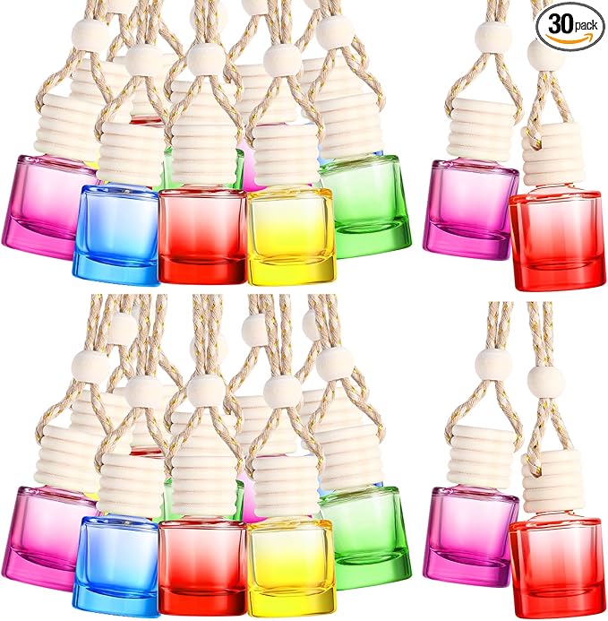 Domensi 30 Pieces Hanging Car Diffuser Air Freshener Bottle Bulk Empty Glass Refillable Perfume Bottles Oil Diffuser Aromatherapy Pendant for Auto Interior Ornaments Decor (Multicolor)