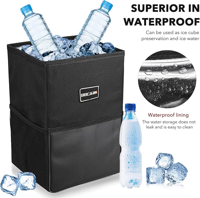 Car Trash Can with Lid - Trash Bag Hanging with Storage Pockets Leak-Proof SUV Organizer Collapsible and Portable Waterproof Truck Garbage Bin, 2.6 Gal Large Capacity Multipurpose Trash Bin for Van