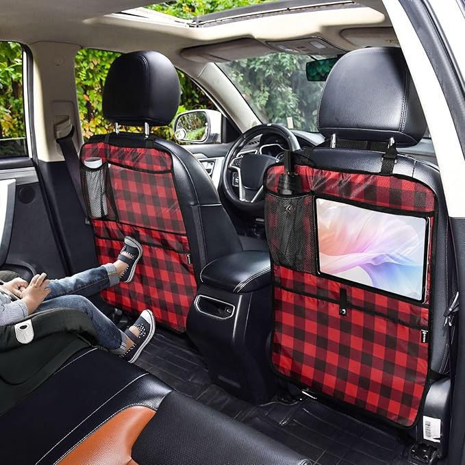 1 Pack Back Seat Car Organizer with Storage Pockets Kick Mats Back Seat Protector Hanging Car Organizer Automotive Seat Back Cover Organizers Red and Black Buffalo Plaid