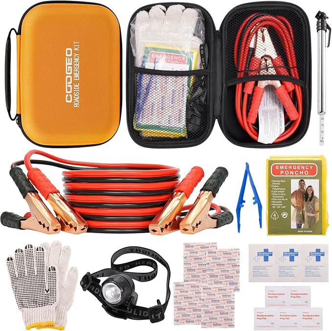 Car Roadside Emergency Kit with Battery Jumper Cables,Car Accessories for Men or Women,Automotive Safety Kit for Car,Vehicle, Truck or SUV,Gifts for Men or Him, Orange