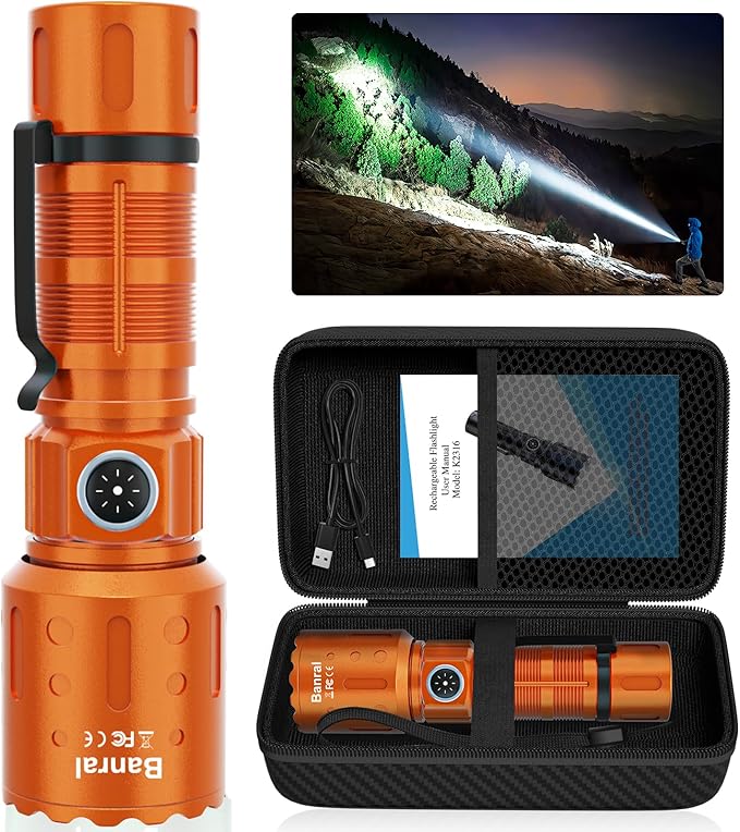 Banral Flashlights High Lumens Rechargeable, Super Bright Long Range Small Powerful Flashlight, 6 Modes LED Tactical Pocket Waterproof Flash Light for Home Emergency (1, Orange)
