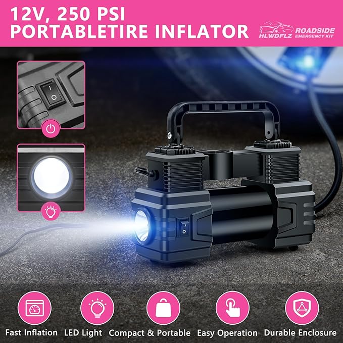 Car Emergency Kit with Portable Air Compressor - Roadside Assistance Emergency Kit with Jumper Cables, First Aid Kit, Auto Tool Set, Winter Safety Kit for Women, Men, Teen (Pink)