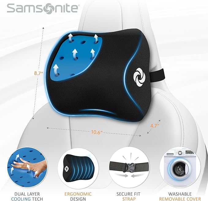 Samsonite Ergonomic Neck Pillow – Large Car Neck Pillow for Driving, Gel Memory Foam Cushion for Travel, Cooling Car Support Headrest for Road Trips, Fits Cars, SUV's, Trucks, and Desk Chairs, Black