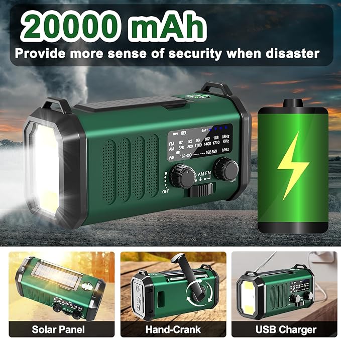 Emergency Radio-NOAA Weather Radio 20000mAh/74000mWh with AM/FM Portable Solar Panel/Hand Crank/AC Input Rechargeable Battery and Flashlight SOS Siren Lamp for Camping Indoor/Outdoor Emergencies