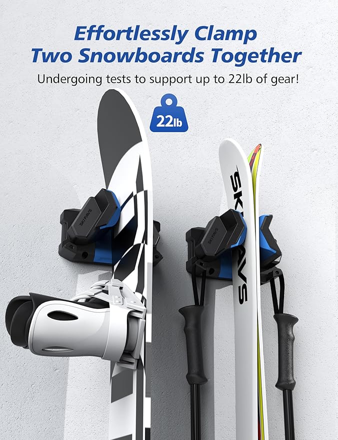 Ski & Snowboard Wall Rack, Ski Wall Mount & Ski Rack Wall Mount for Garage Space-Saving, Winter Gear Organizer, Fits Any Ski or Snowboard, Nonslip Ski Holders, Garage Organization, 6 Pack
