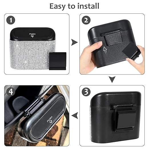 Accmor Bling Car Trash Can with Lid, Mini Auto Garbage Storage Bin with 60pcs Garbage Bags, Sparkling Crystal Trash Bags Holder Dustbin Vehicle Accessories Container Organizer (White Rhinestone)