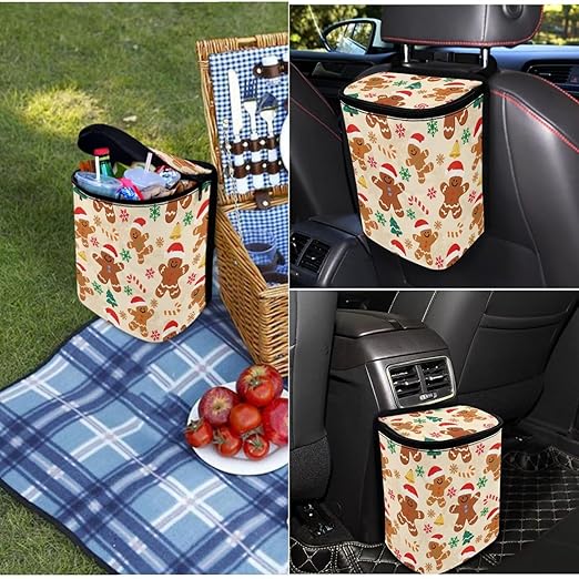 1.2 Gallons Car Trash Can for Back Seat, Gingerbread Man Car Trash Can, Adjustable Hanging for Tail of Console/Back of Seats, with Zipper Leak-Proof Lid Design, Mini Size for Convenience