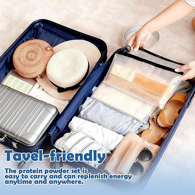 Asix Toy 100 pcs Protein Powder Travel Container Set,Protein Powder Container to Go,Reusable Single Dose Bags & 3Pcs Large Zip Bags,with Funnel Labels,Powder Dispenser for Travel Fitness Workout