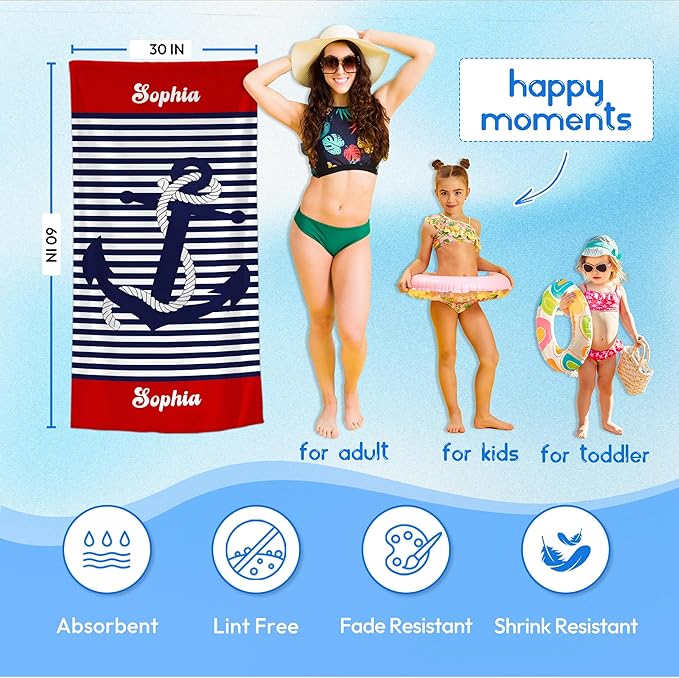 JML Personalized Beach Towel with Name, Custom Anchor Beach Towel, Customized Microfiber Pool Towel, Quick Dry & Absorbent Swim Towel for Adult,Anniversary, Birthday, Summer Holiday,Vacation