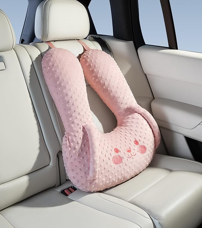 BEBAS U-Shaped Kids Travel Pillow for Car - Comfortable Neck and Head Support Pillow for Sleeping on Long Trips, Cute Cartoon Design, Ideal for Car Seats, Booster and Home Use, Great Gift Idea（Pink）