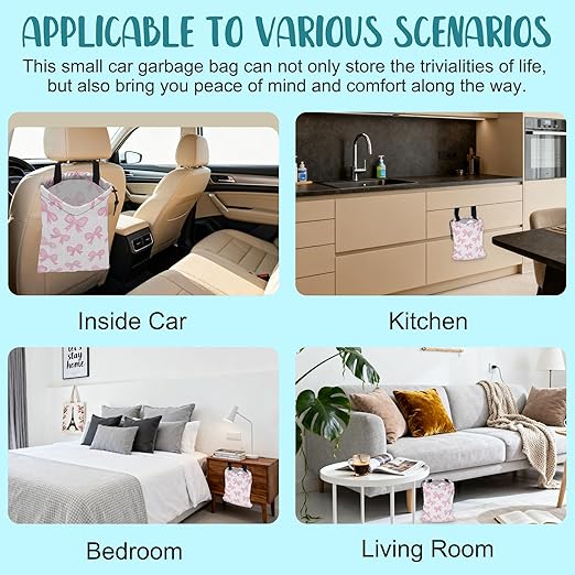 Car Trash Bag Pink Ribbon Bow Hanging Drawstring Car Organizer and Storage Bag with Adjustable Buckle Canvas Garbage Bin for Back Seat or Hanging Headrest Car Decor Road Trip Essentials