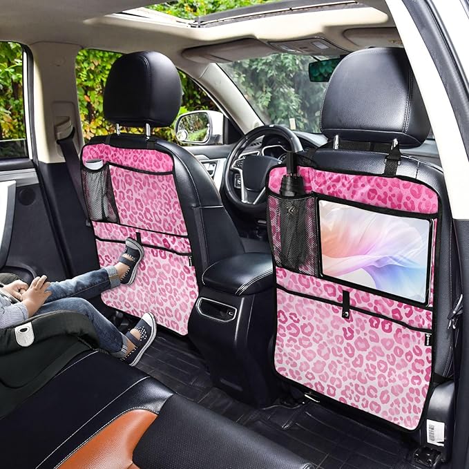 1 Pack Back Seat Car Organizer with Storage Pockets Kick Mats Back Seat Protector Hanging Car Organizer Automotive Seat Back Cover Organizers Gradient Pink Leopard Print