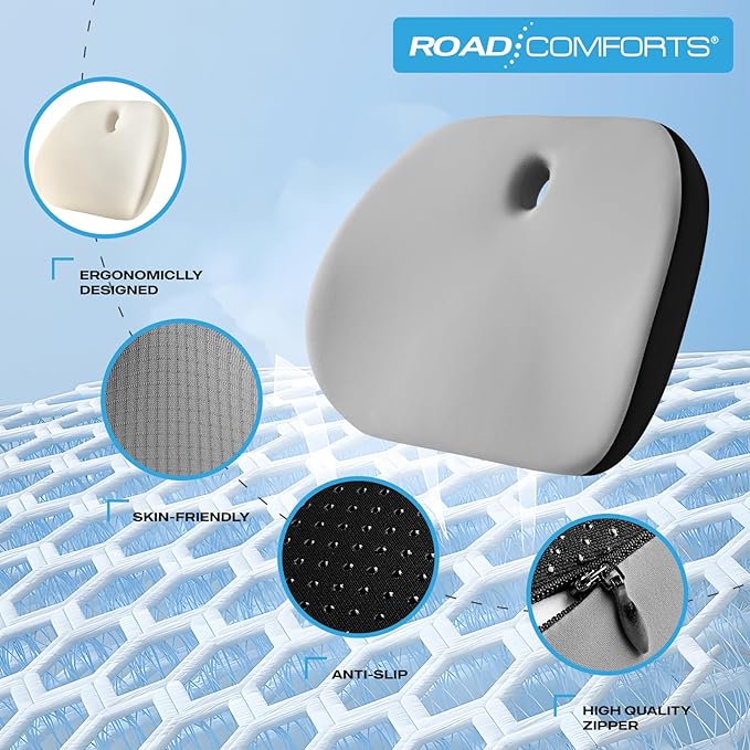 Road Comforts Premium Memory Foam Seat Cushion – Office Chair Cushion, Car Seat Cushion – Chair Cushions for Back & Sciatica Pain Relief – Seat Cushions for Office & Desk (Gray)