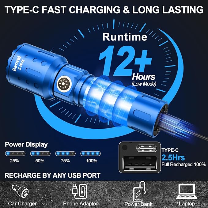 Banral Flashlights High Lumens Rechargeable, Super Bright Long Range Small Powerful Flashlight, 6 Modes LED Tactical Pocket Waterproof Flash Light for Home Emergency (1, Blue)
