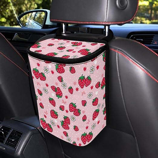 Pink Strawberry Car Trash Can with Lid Garage Bag Automotive Garbage Bin Reusable Auto Accessories Interior Car Organizer with Adjustable Straps