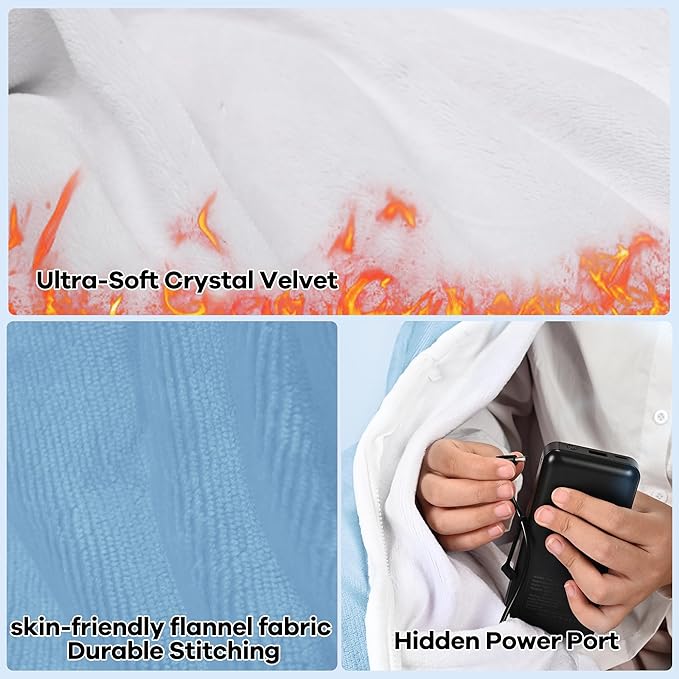 Wearable Heated Blanket with 20000mAh Power Bank, 11 Heating Zones, 3 Heat Levels, Timer, USB Powered, Machine Washable, for Camping, Office, Travel, Home Use (Snowy Blue)