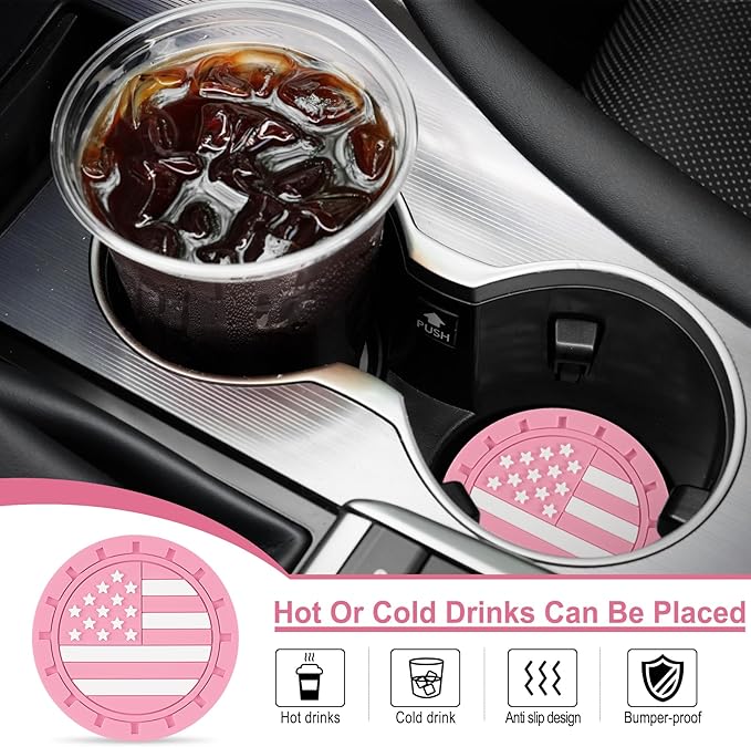 JUSTTOP Car Cup Holder Coaster,American Flag Non-Slip Insert Car Cup Coaster,Car Accessories Interior for Women and Man,4 Pack Pink