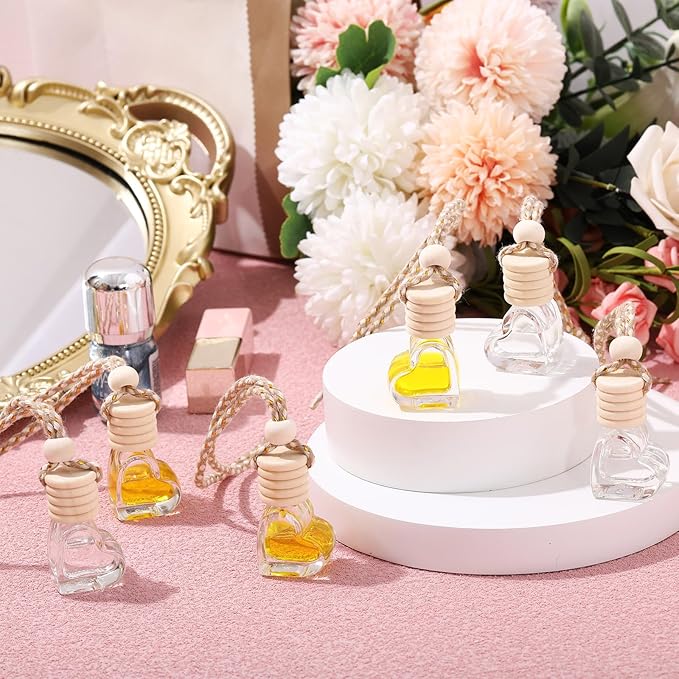 100 Sets Car Diffuser Bottles Empty Bulk Hanging Car Air Freshener Diffuser Bottles Glass Perfume Holder with Instruction Cards for Essential Oil Valentines Birthday Gifts (Heart)