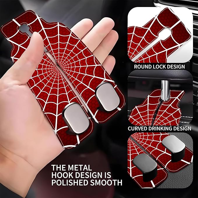1 Pack Purse Hook for Car Red and White Spider Web Headrest Back Seat Hook Premium Leather Double Metal Hanger Storage Pack Bag Purse Holder Car Accessories