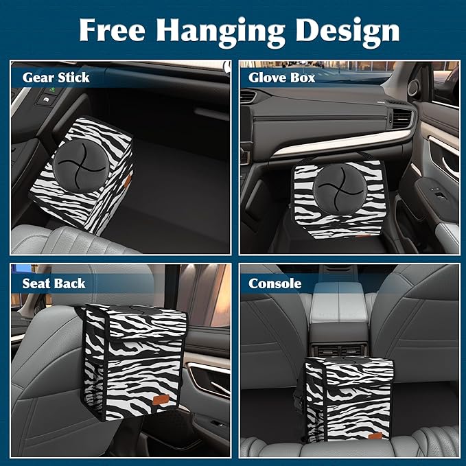 Femuar Car Trash Can with Lid - Leak Proof, Waterproof, Zebra Stripe, SUV Multipurpose Car Hanging for Headrest, Collapsible, Portable with Storage Mesh Pocket