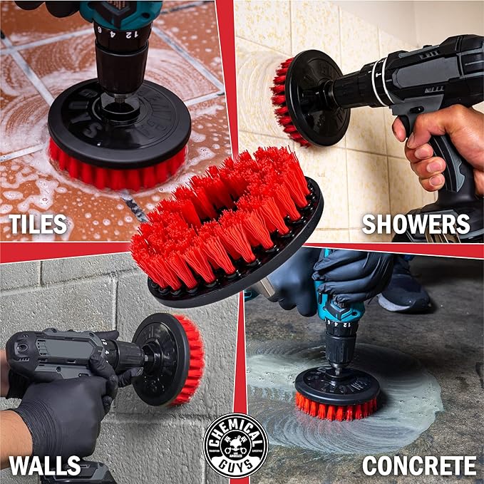 Chemical Guys ACC508 Heavy Duty Spinner Multi-Surface Drill Brush Attachment (Fits Any Standard Drill - Power Scrubber Removes Heavy Stains, Dirt & Grime from Grout, Tubs & Showers), Red